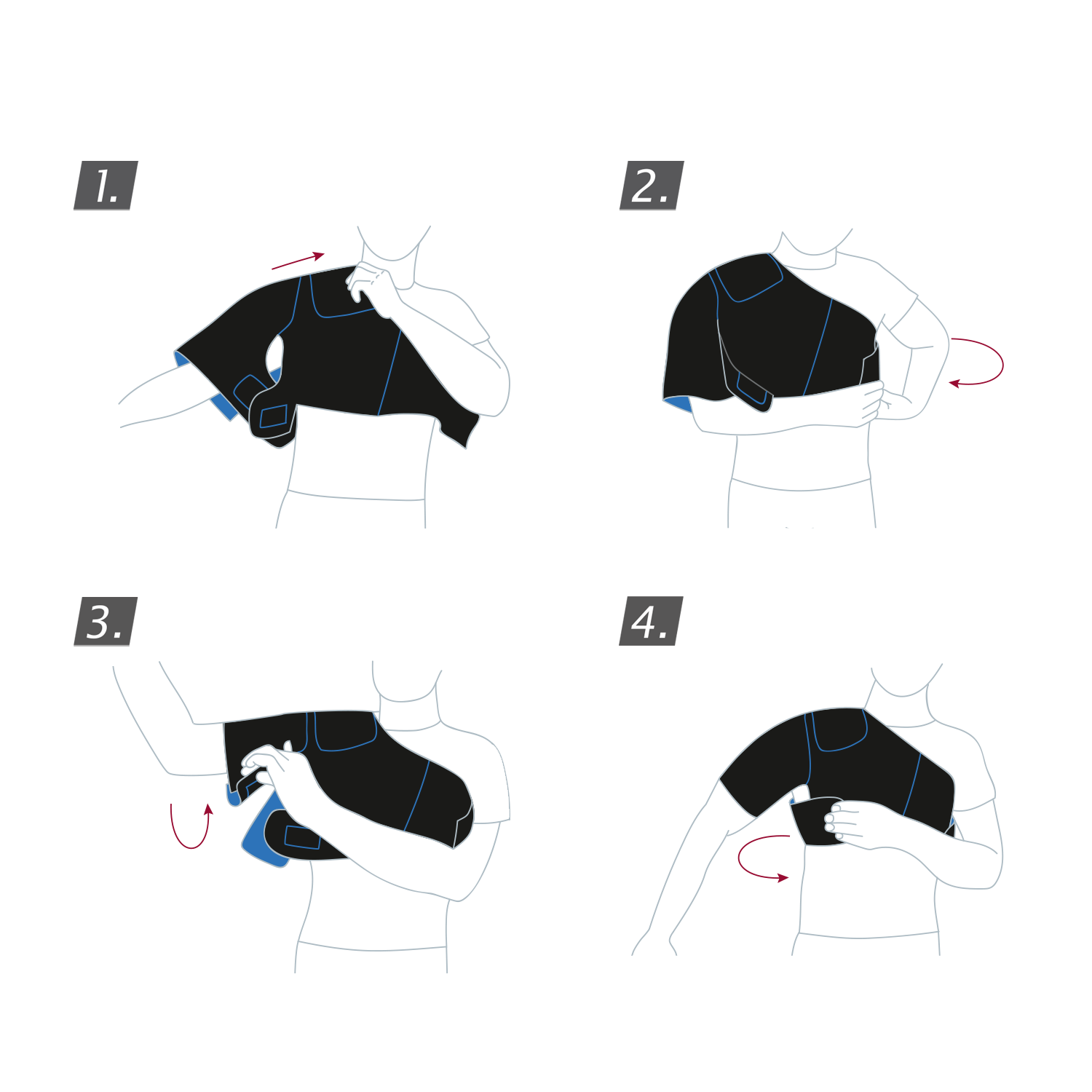 How to put on Actimove Sports Edition Shoulder Support: slide your left arm through the opening and fasten the straps
 How to put on Actimove Sports Edition Shoulder Support: slide your left arm through the opening and fasten the straps